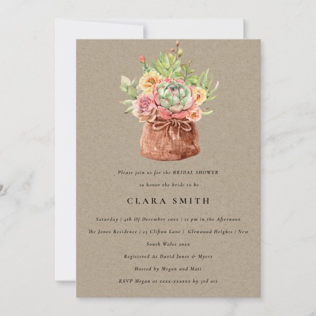 KRAFT DESERT SUCCULENT CACTI FOLIAGE BRIDAL SHOWER INVITATION (Front)