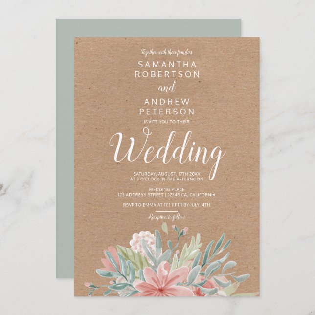 Kraft Dusty pink green floral watercolor wedding Invitation (Front/Back)