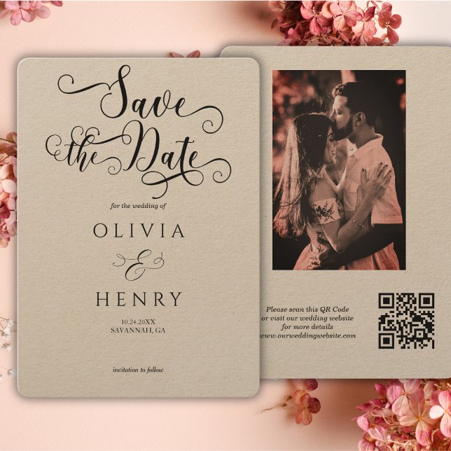 Kraft Elegant Calligraphy Script Photo QR Code  Save The Date (Creator Uploaded)
