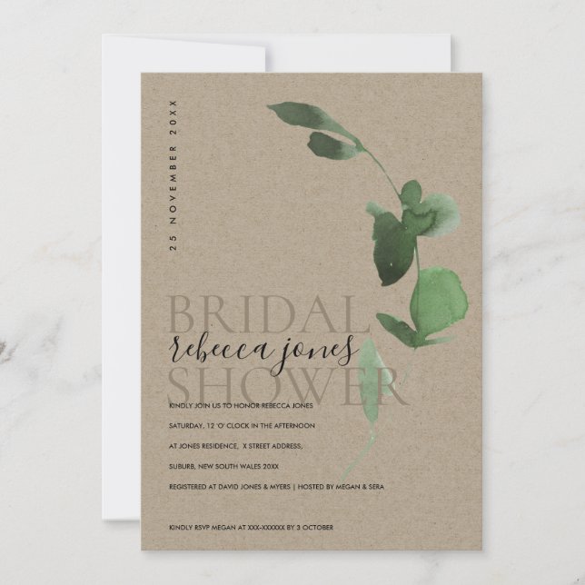 KRAFT EUCALYPTUS FOLIAGE WATERCOLOR BRIDAL SHOWER ANNOUNCEMENT (Front)