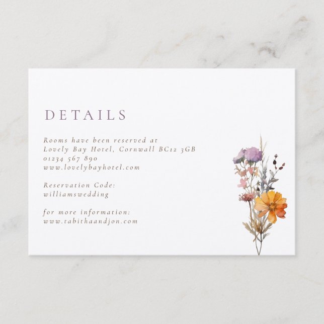 Kraft Fall Orange & Purple Wildflowers Wedding Enclosure Card (Front)