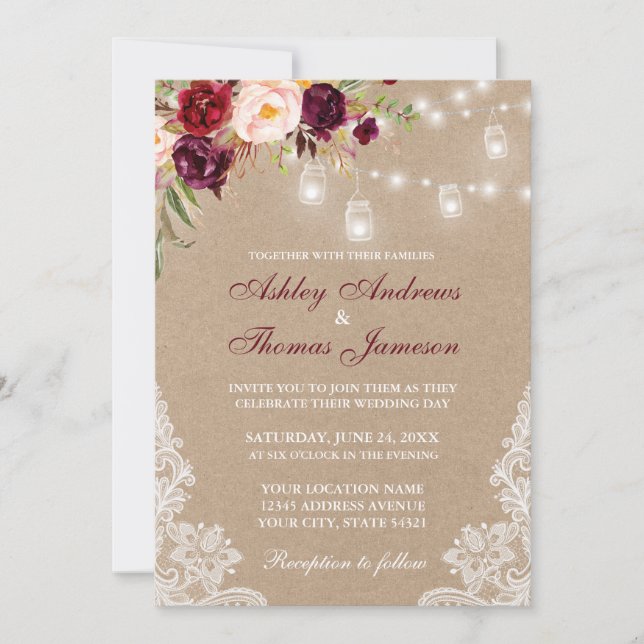 Kraft Floral Burgundy Lace Lights Wedding Invite (Front)