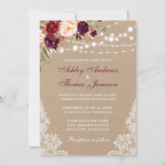 Kraft Floral Burgundy Lights Lace Wedding Invite (Front)