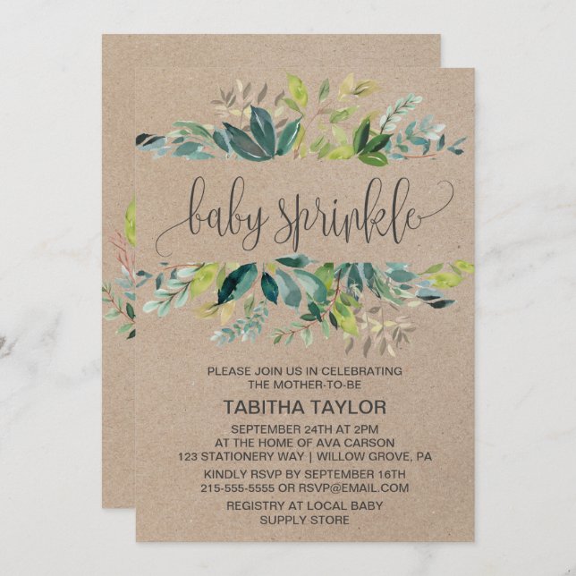 Kraft Foliage Baby Sprinkle Invitation (Front/Back)