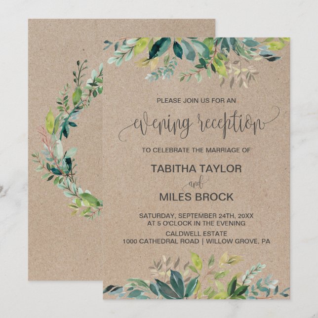 Kraft Foliage | Monogram Backing Evening Reception Invitation (Front/Back)