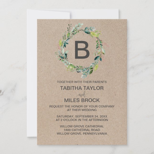 Kraft Foliage Monogram Wreath Wedding Invitation (Front)