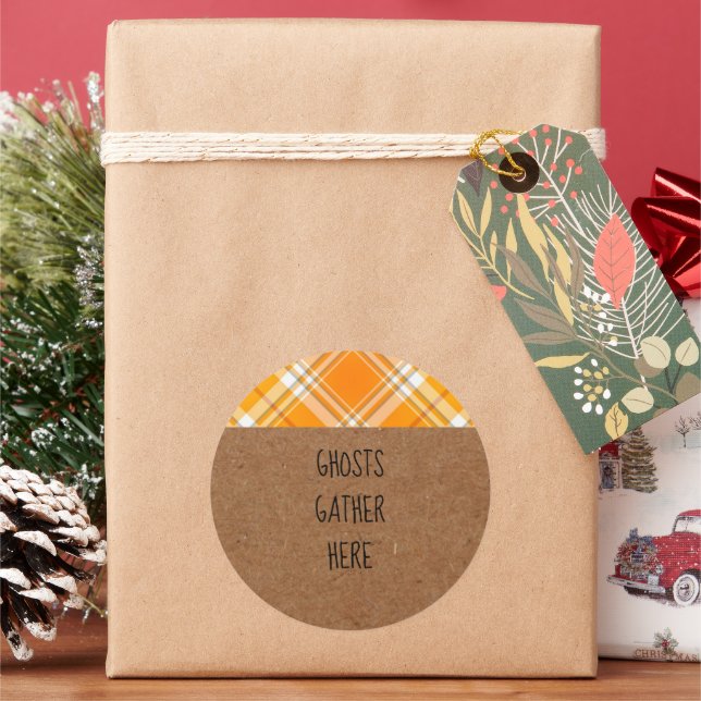 Kraft Ghosts Gather Here Halloween Party Classic Round Sticker (Holiday)