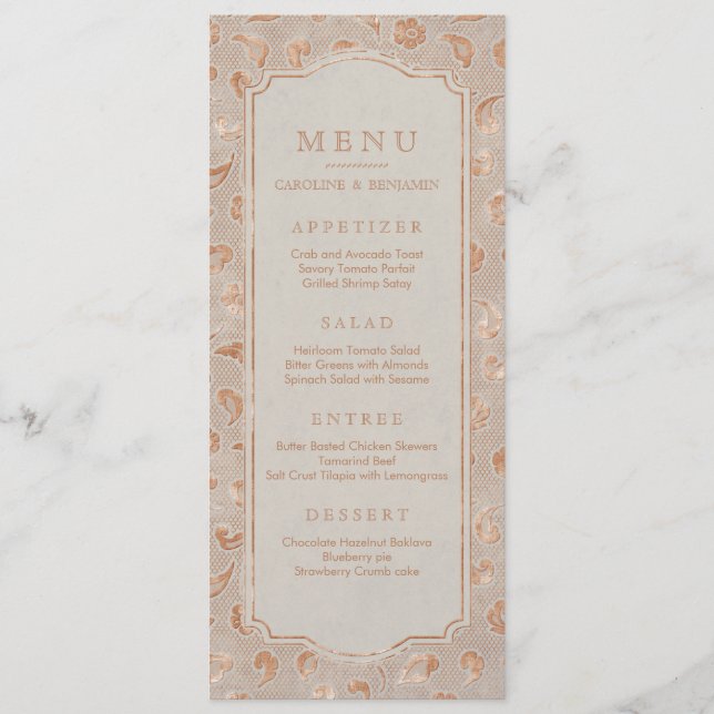 Kraft gold Lace rustic country wedding menu (Front)