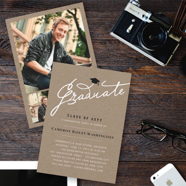 Kraft Graduate Handwriting Script Photo Grad Party Invitation (Creator Uploaded)