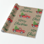 Kraft Green Brush Script Christmas Vintage Truck Wrapping Paper<br><div class="desc">Kraft Brush Script Watercolor Vintage Red Truck with Christmas Tree - Wrapping Paper</div>