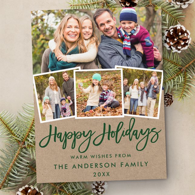 Kraft Green Brush Script Happy Holidays 4 Photo Postcard (Customize to change your personalized text size or text style.)