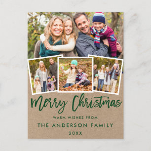 Kraft Green Brush Script Merry Christmas 4 Photo Postcard