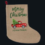 Kraft Green Brush Script Vintage Red Truck Tree Large Christmas Stocking<br><div class="desc">Kraft Brush Script Watercolor Vintage Red Truck with Christmas Tree - Christmas Stocking</div>