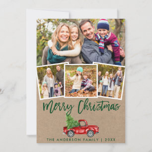 Kraft Green Brush Script Vintage Truck 4 Photo Holiday Card