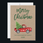 Kraft Green Brush Script Vintage Truck Christmas Holiday Card<br><div class="desc">Kraft Brush Script Watercolor Vintage Red Truck with Christmas Tree - Merry Christmas Card</div>