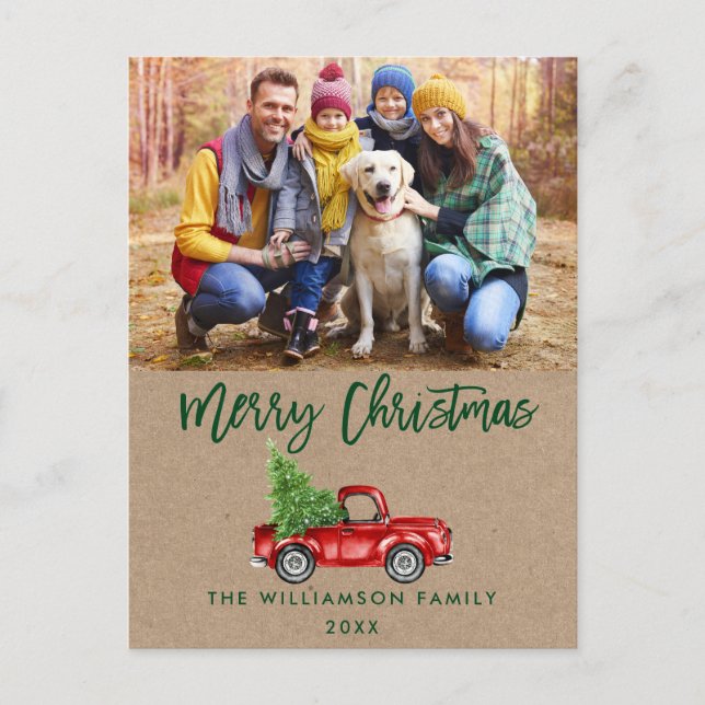 Kraft Green Brush Script Vintage Truck Christmas Postcard (Front)