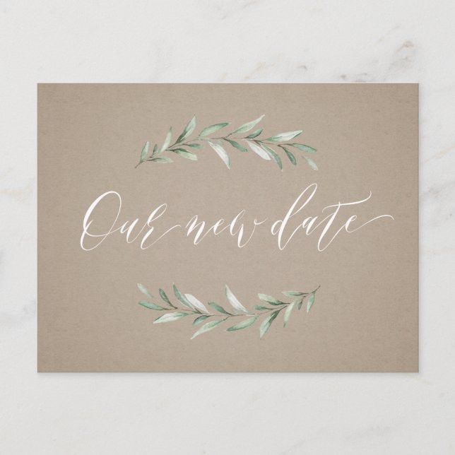 Kraft greenery script save the new date postcard (Front)