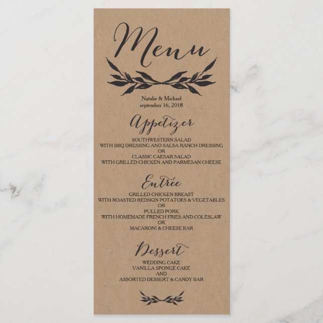 Kraft Greenery Wedding Menu Card (Front)
