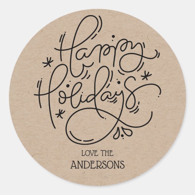 Kraft Happy Holidays Handwritten Script Envelope Classic Round Sticker (Front)