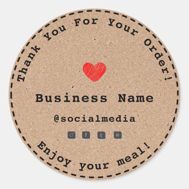 Kraft Heart Thank you for your order food business Classic Round Sticker (Front)