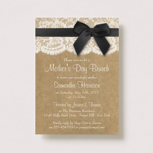 Kraft, Lace & Black Bow Mother's Day Brunch Invitation (Creator Uploaded)