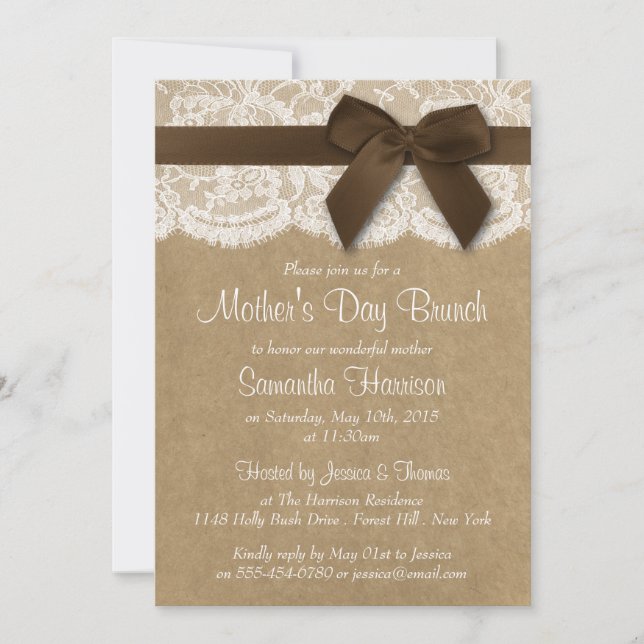 Kraft, Lace & Brown Bow Mother's Day Brunch Invitation (Front)