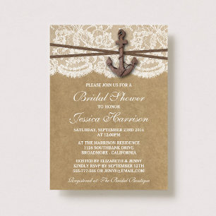 Kraft, Lace & Nautical Anchor Beach Bridal Shower Invitation