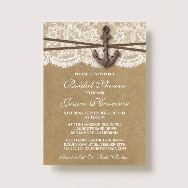 Kraft, Lace & Nautical Anchor Beach Bridal Shower Invitation (Creator Uploaded)