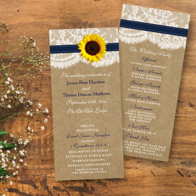 Kraft, Lace & Navy Blue Sunflower Wedding Programs Rack Card (Creator Uploaded)
