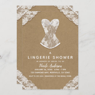 Kraft Lace & Pearls Wedding Lingerie Bridal Shower Invitation
