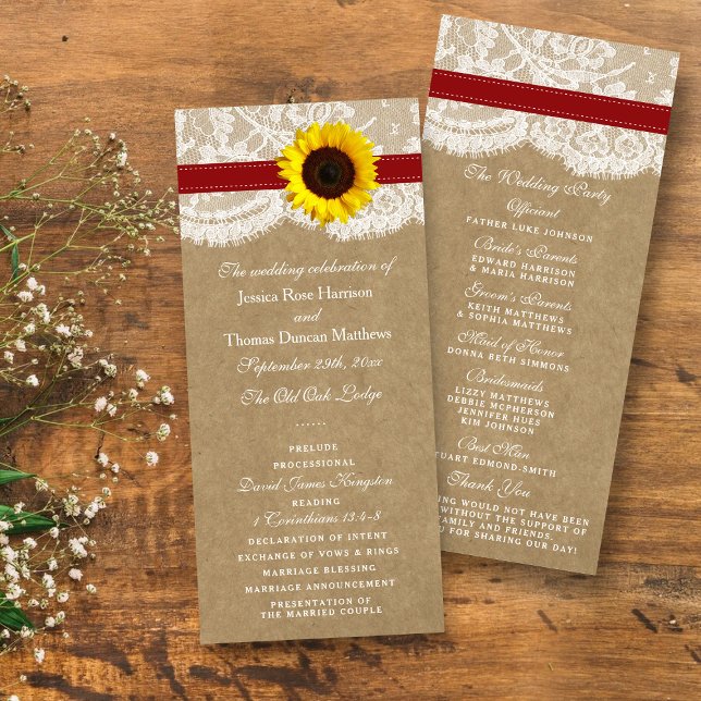 Kraft, Lace & Sunflower Wedding Program Rack Card (Creator Uploaded)