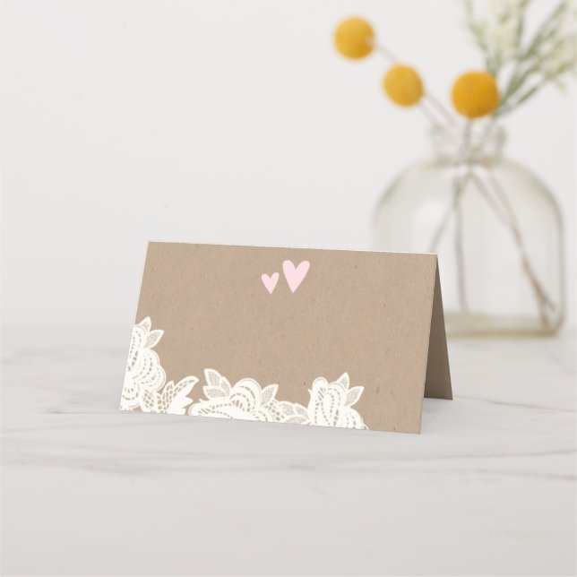 Kraft Lace with Pink Hearts Wedding Place Card (Front)