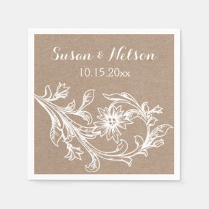 Kraft look vintage white flourish floral wedding napkin