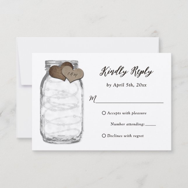 Kraft Mason Jar Hearts Lights Wedding RSVP Card (Front)