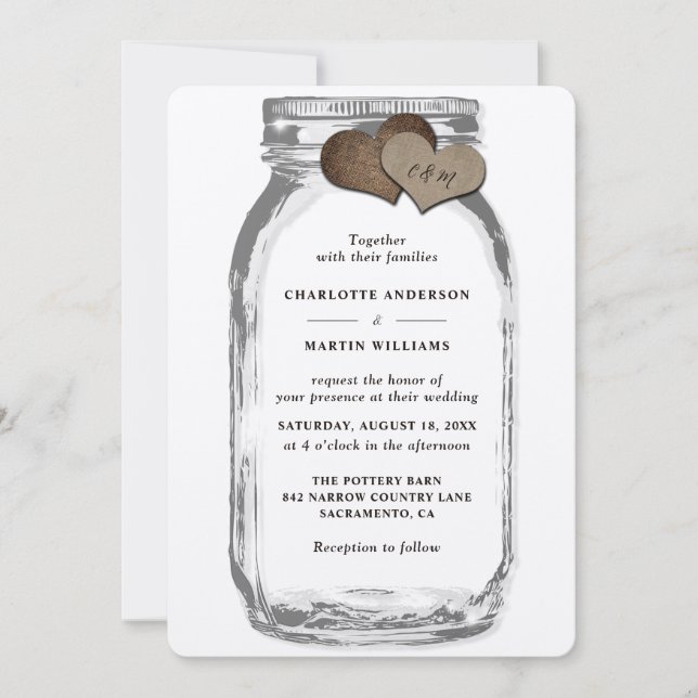 Kraft Mason Jar Rustic Country Burlap Wedding Invitation (Front)