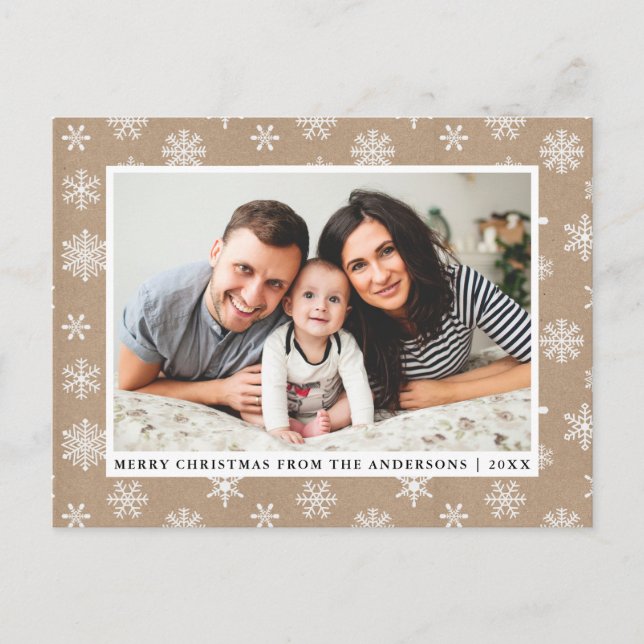Kraft Merry Christmas Family Photo Snowflakes Postcard (Front)