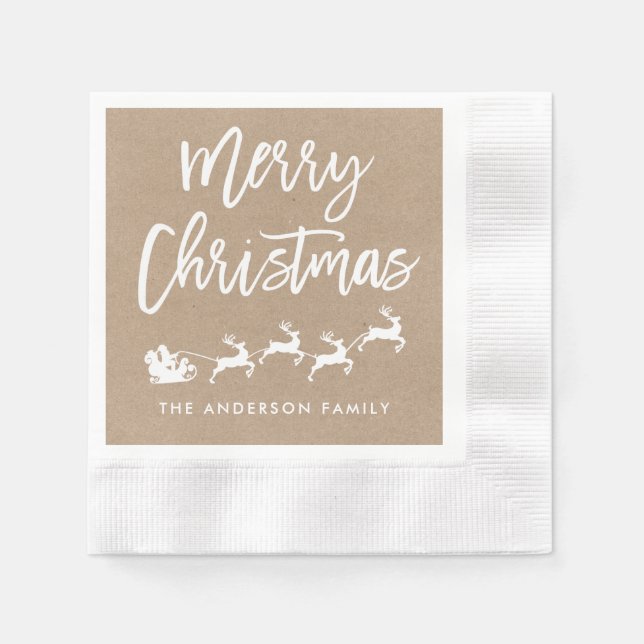 Kraft Modern Brush Script Santa Christmas Napkin (Front)