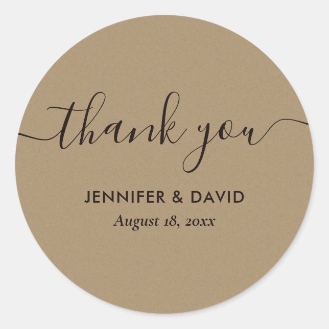 Kraft Modern Script Thank You Classic Round Sticker (Front)