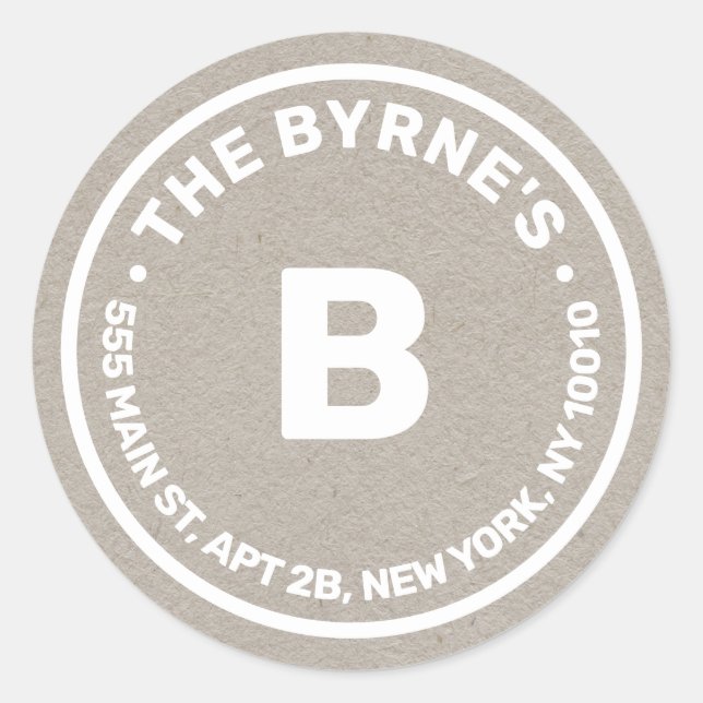 Kraft Monogram Address Classic Round Sticker (Front)
