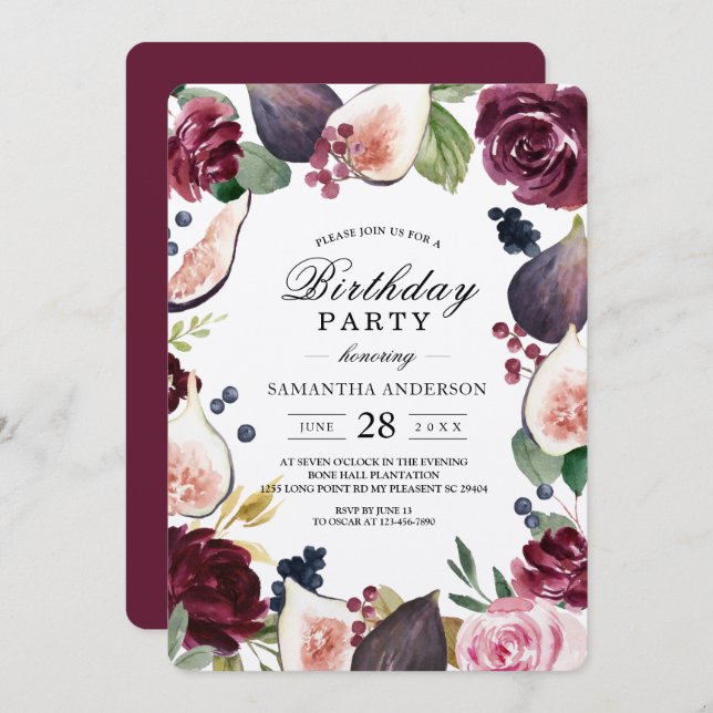 Kraft Moody & Rustic Burgundy Figs & Flowers Frame Invitation (Front/Back)
