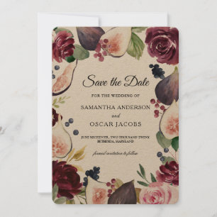 Kraft Moody & Rustic Burgundy Figs & Flowers Frame Save The Date