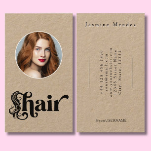 Kraft Natural Black Script Photo Hair Stylist Business Card
