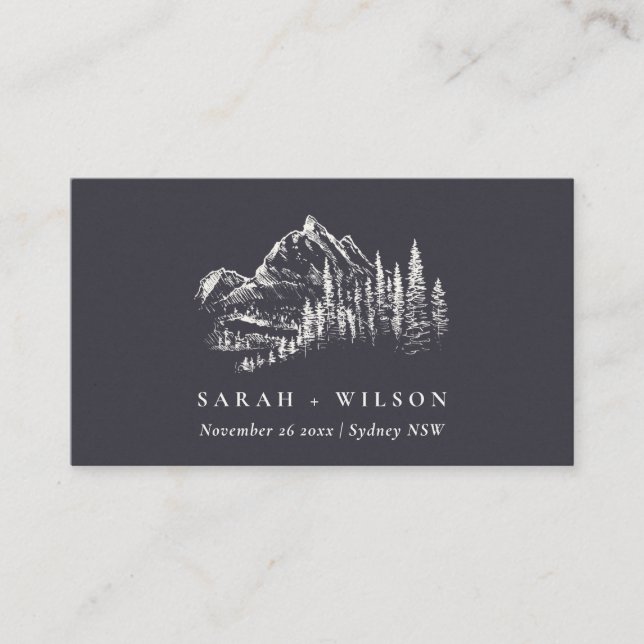 Kraft Navy Pine Woods Mountain Sketch Wedding Place Card (Front)