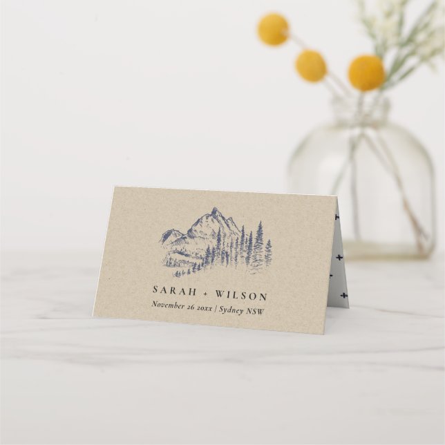 Kraft Navy Pine Woods Mountain Sketch Wedding Place Card (Front)