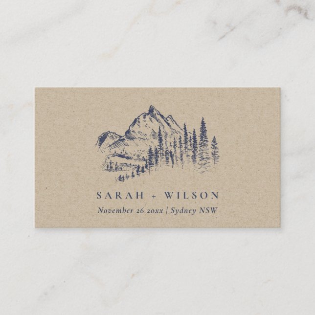 Kraft Navy Pine Woods Mountain Sketch Wedding Place Card (Front)