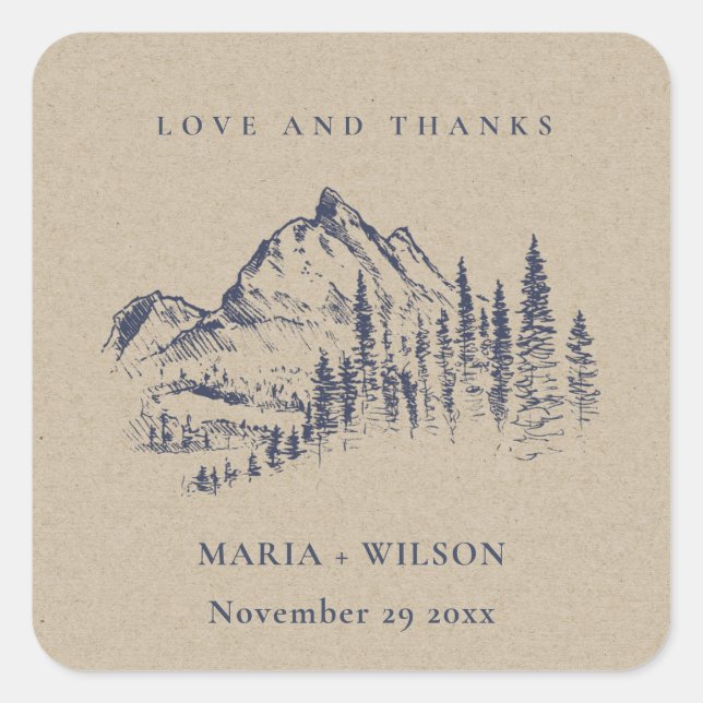 Kraft Navy Pine Woods Mountain Sketch Wedding Square Sticker (Front)