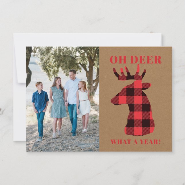 Kraft Oh Deer What a Year Buffalo Plaid Photo Holiday Card (Front)