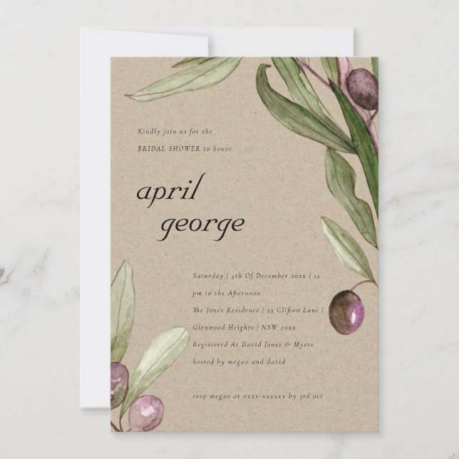 KRAFT OLIVE WATERCOLOR FAUNA BRIDAL SHOWER INVITE (Front)
