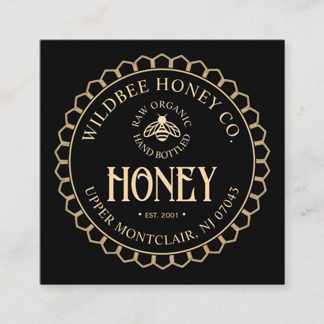 Kraft on Black Honey Honeycomb Border and Bee Square Business Card (Front)