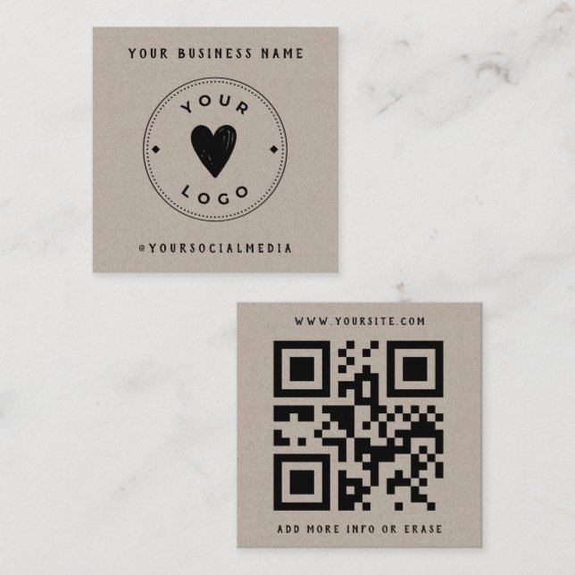 Kraft Paper Add Your Logo QR Code Social Media Square Business Card (Front/Back)